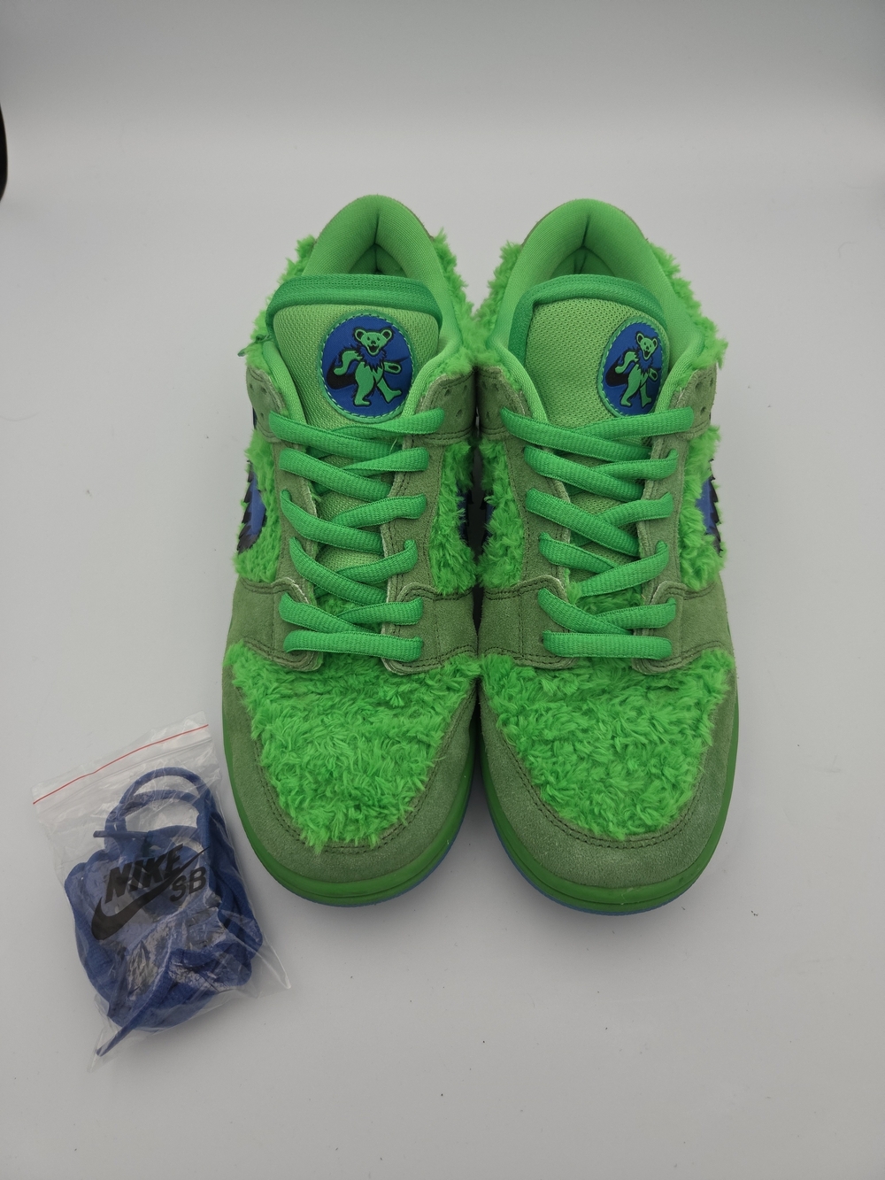 Grateful Dead Nike SB Dunk Green Fuzzy Skate Sneakers with Blue Bear Patch Sz 10